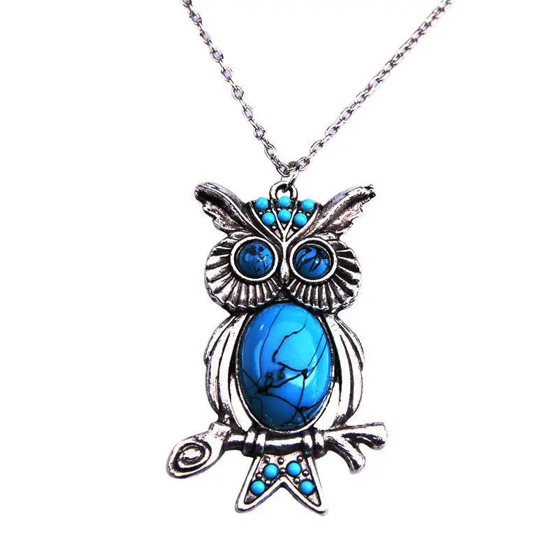 Chinese Retro Turquoise Owl Pendant Necklace Sweater Chain Jewellery