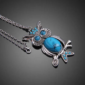 Chinese Retro Turquoise Owl Pendant Necklace Sweater Chain Jewellery