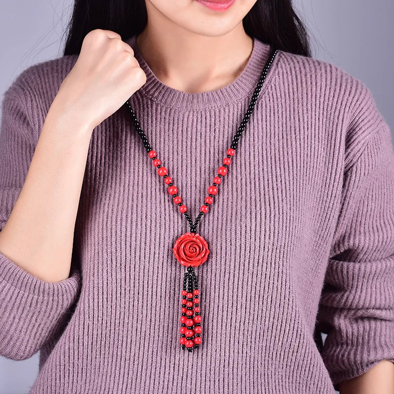 Cinnabar Sweater Chain Peony Flower Pendant Necklace
