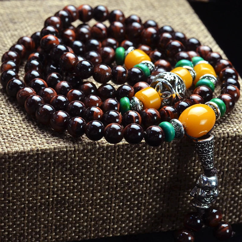 Red Tiger Eye Stone Bracelet 108 Buddha Beads 6mm Round Tibetan Lucky