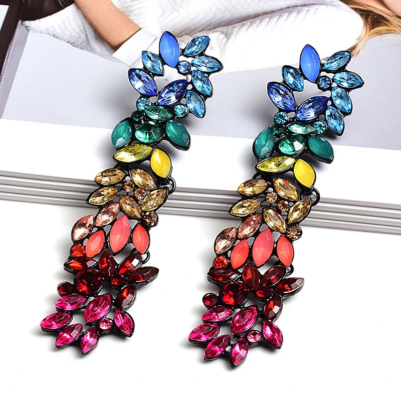 Colorful Crystals Long Drop Earrings For Women Fine Jewelry Accessories