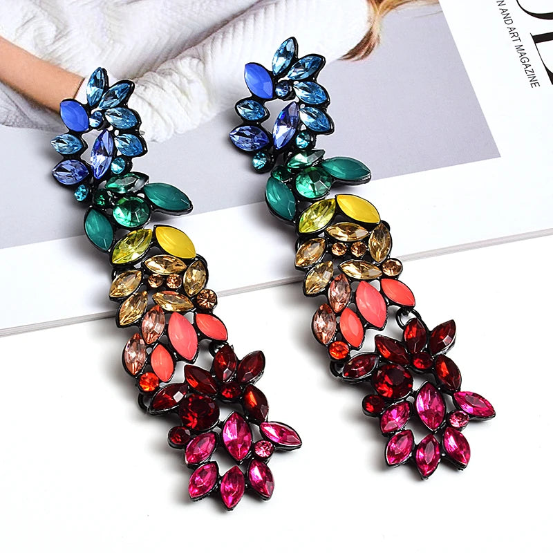 Colorful Crystals Long Drop Earrings For Women Fine Jewelry Accessories