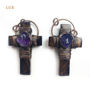Wire Wrapped Agate Amethyst Gemstone Healing Circle Charms Pendant Necklace Set