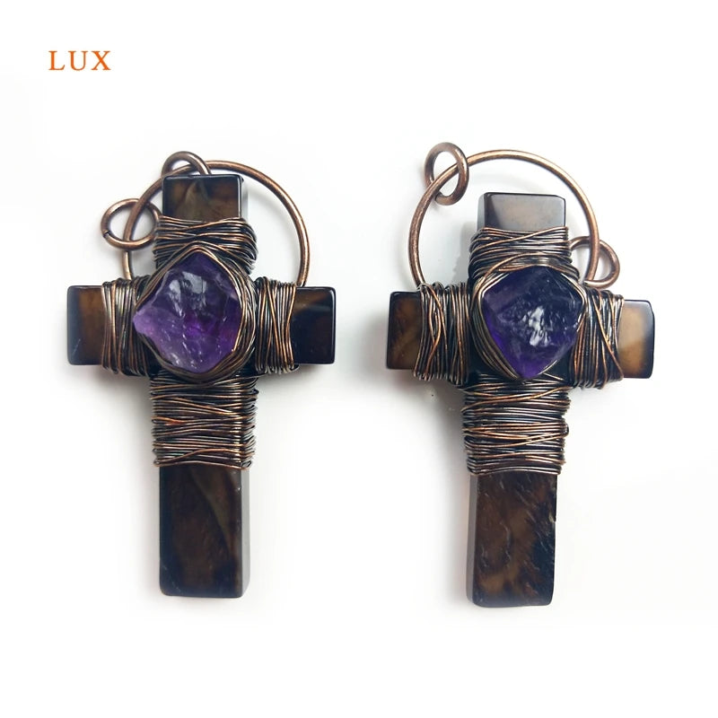 Wire Wrapped Agate Amethyst Gemstone Healing Circle Charms Pendant Necklace Set