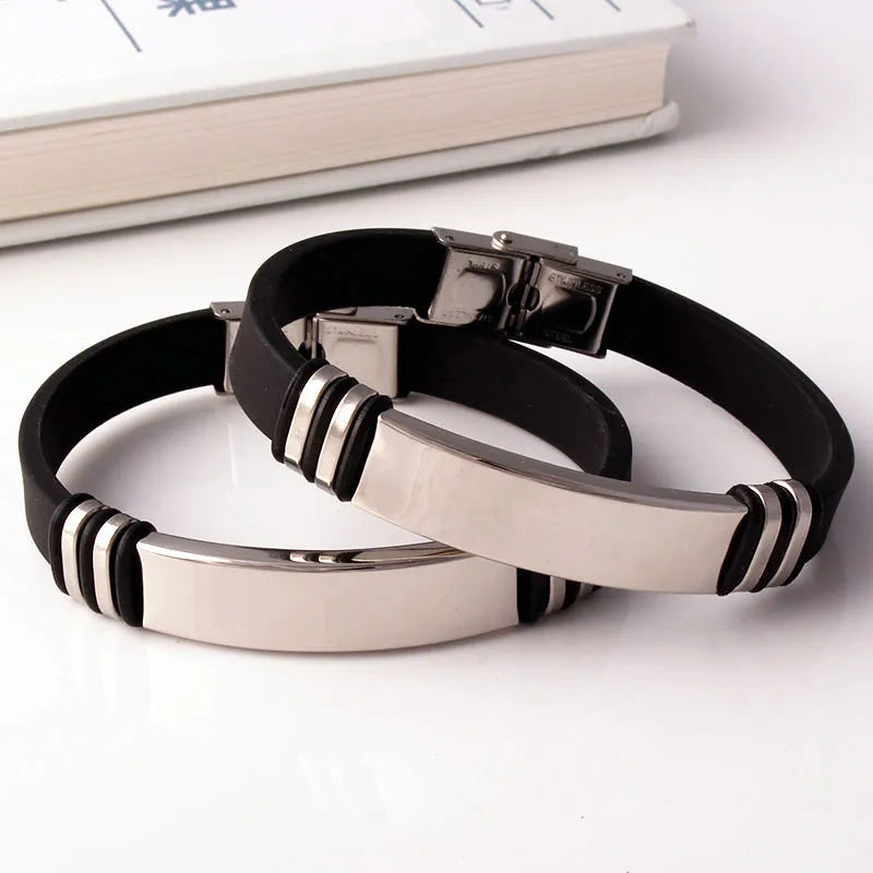 Personalized Mens Stainless Steel Silicone Bracelet