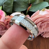 8mm Carbon Fiber Inlay Tungsten Rings Wedding Band Men Women Beveled Edges