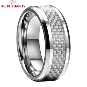 8mm Carbon Fiber Inlay Tungsten Rings Wedding Band Men Women Beveled Edges