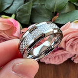 8mm Carbon Fiber Inlay Tungsten Rings Wedding Band Men Women Beveled Edges