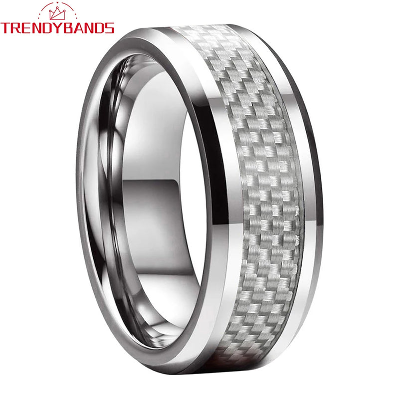 8mm Carbon Fiber Inlay Tungsten Rings Wedding Band Men Women Beveled Edges