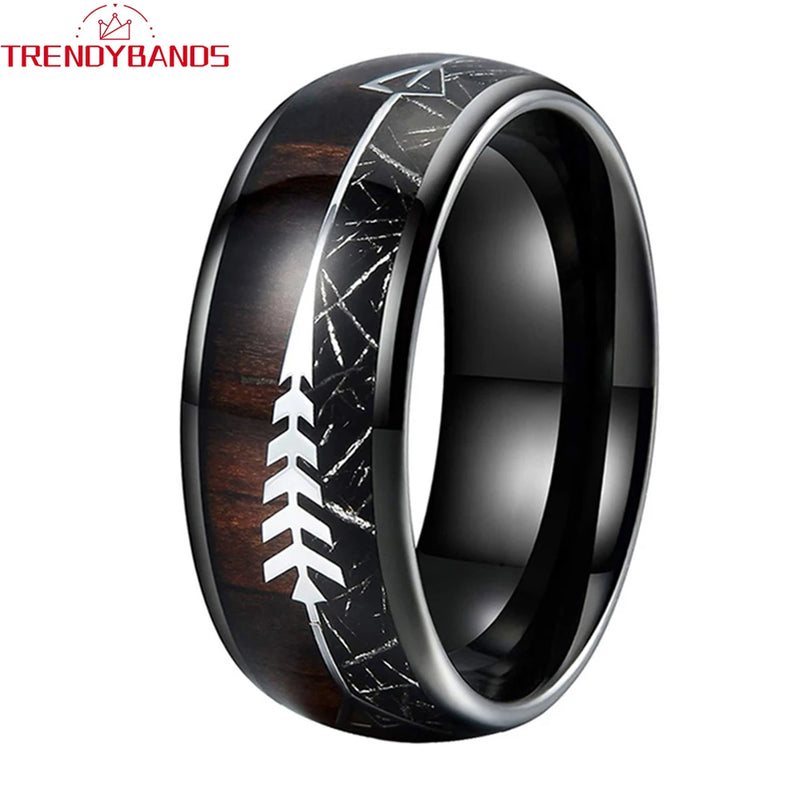 Tungsten Wedding Band Meteorite Inlay Arrow Polished