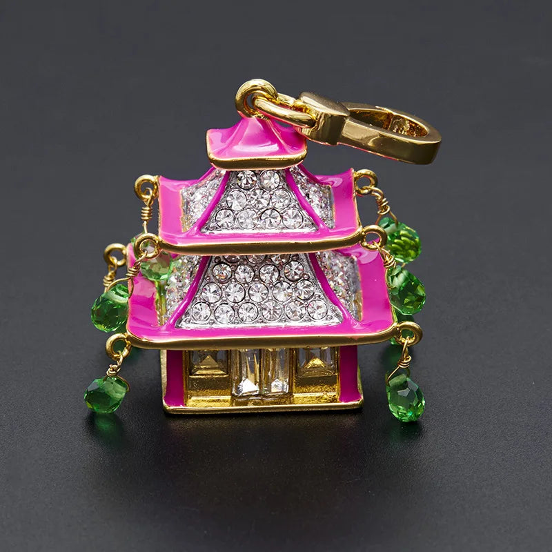 Enamel Glaze Temple Pendant Green Water Drop Tassel Small House Bag Pendant