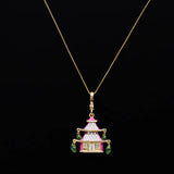 Enamel Glaze Temple Pendant Green Water Drop Tassel Small House Bag Pendant