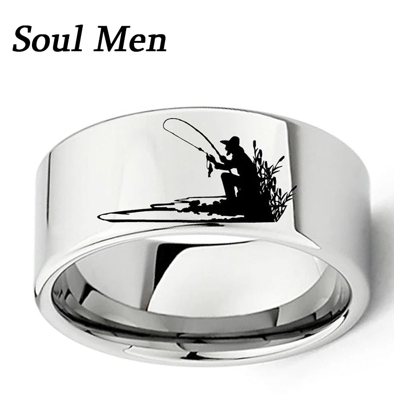 Engraved Fisherman Silhouette Ring 11mm Flat Tungsten Band Size 7-13