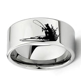 Engraved Fisherman Silhouette Ring 11mm Flat Tungsten Band Size 7-13