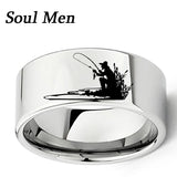 Engraved Fisherman Silhouette Ring 11mm Flat Tungsten Band Size 7-13
