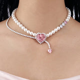European Fine Pink Heart Tassel AAA Zircon Necklace