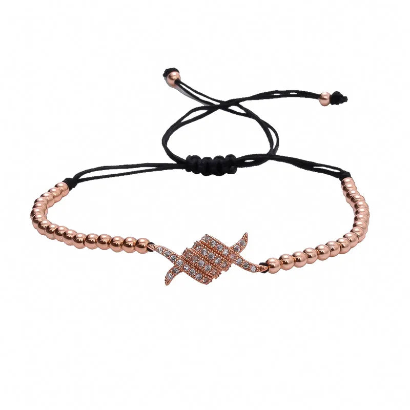 Adjustable Rope Bracelet with Clear Zircon Charms & 24k Beads