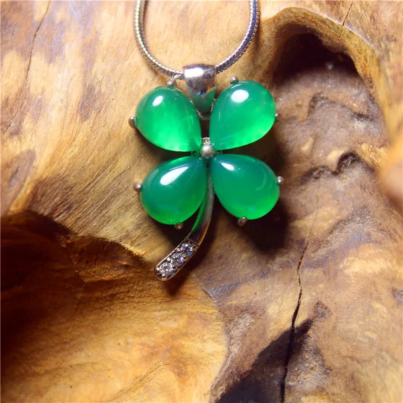 Green Chalcedony Four Leaf Clover Necklace for Women