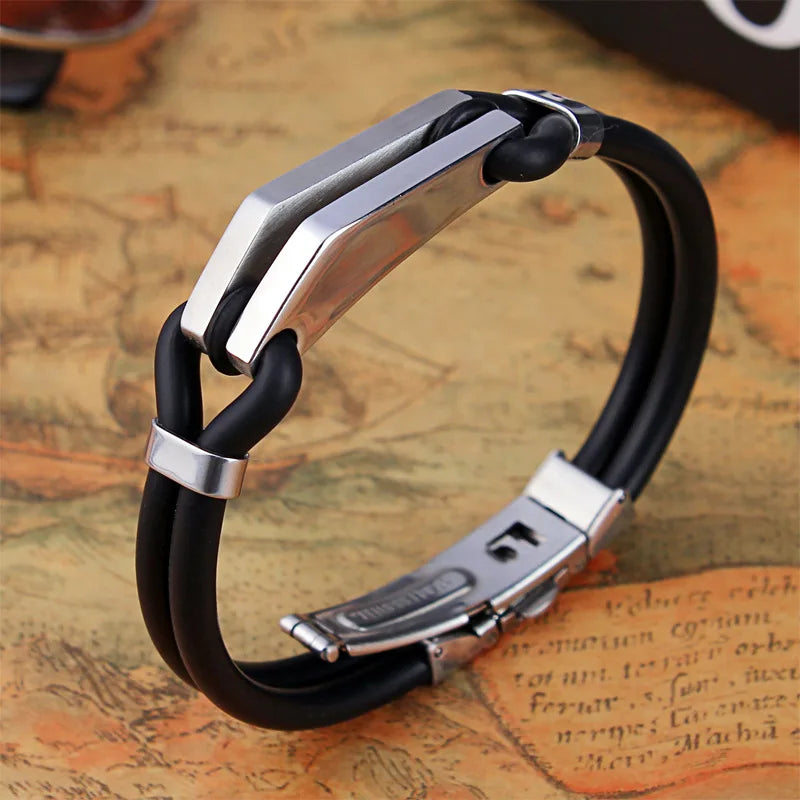 Men Women Bangle Bracelet Stainless Steel Rubber Cuff Couple Bracelet