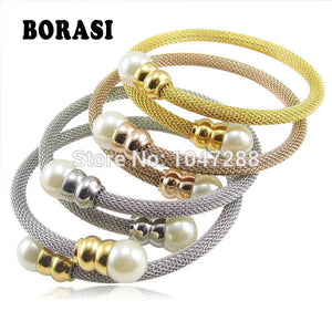 Pearl Jewelry Cuff Bracelet Stainless Steel Net Chain Bracelet