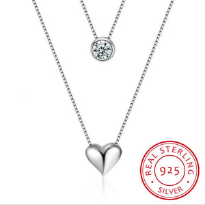 925 Silver Double Layers Necklace with Cz Love-heart Pendant