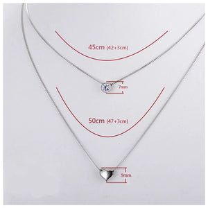 925 Silver Double Layers Necklace with Cz Love-heart Pendant
