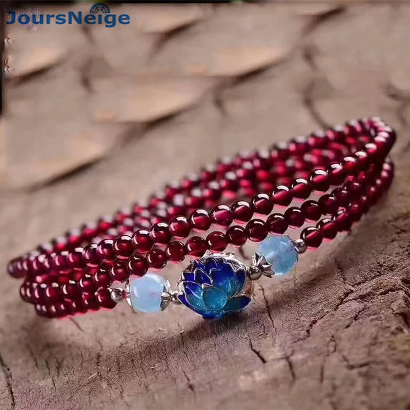 Natural Garnet Bracelet with Cloisonne Flower, Multilayer Beauty Jewelry