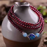 Natural Garnet Bracelet with Cloisonne Flower, Multilayer Beauty Jewelry