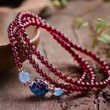 Natural Garnet Bracelet with Cloisonne Flower, Multilayer Beauty Jewelry