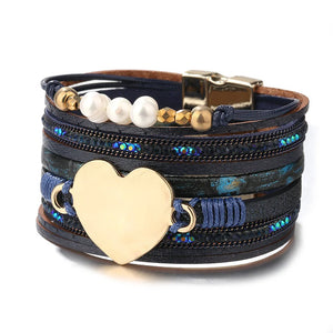 Leather Bracelet Bangle Heart Women's Pearl Jewelry Bohemian Ornament