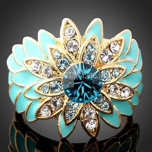 Enamel Flower Austrian Crystal Wedding Ring