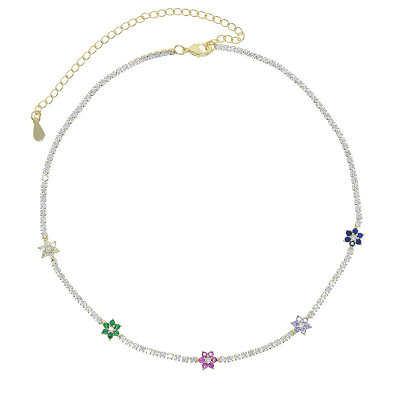Rainbow CZ Flower Charm Thin Tennis Chain Necklace for Women