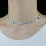 Rainbow CZ Flower Charm Thin Tennis Chain Necklace for Women