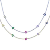 Rainbow CZ Flower Charm Thin Tennis Chain Necklace for Women