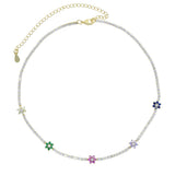 Rainbow CZ Flower Charm Thin Tennis Chain Necklace for Women