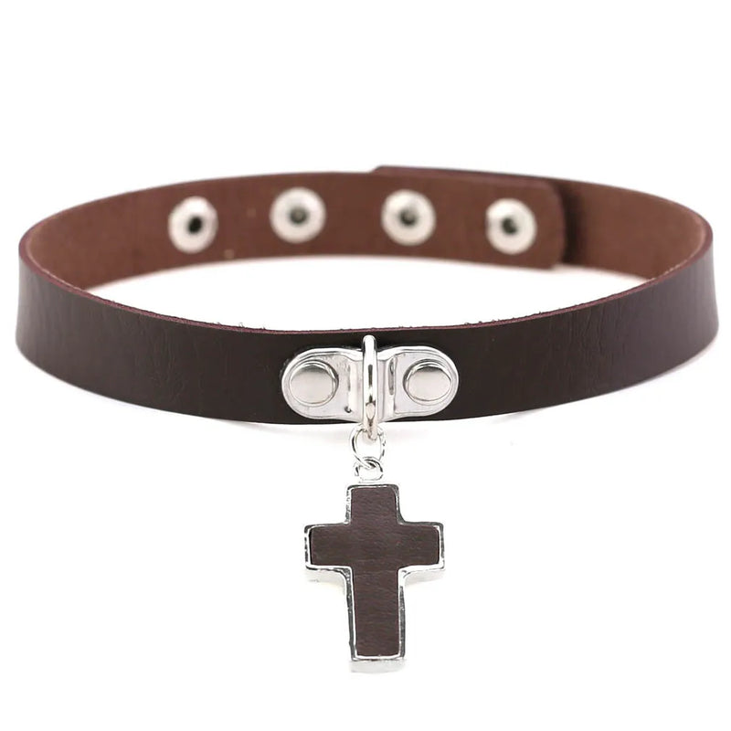 Gothic Brown Leather Choker Necklace Studded Vintage Punk Collar