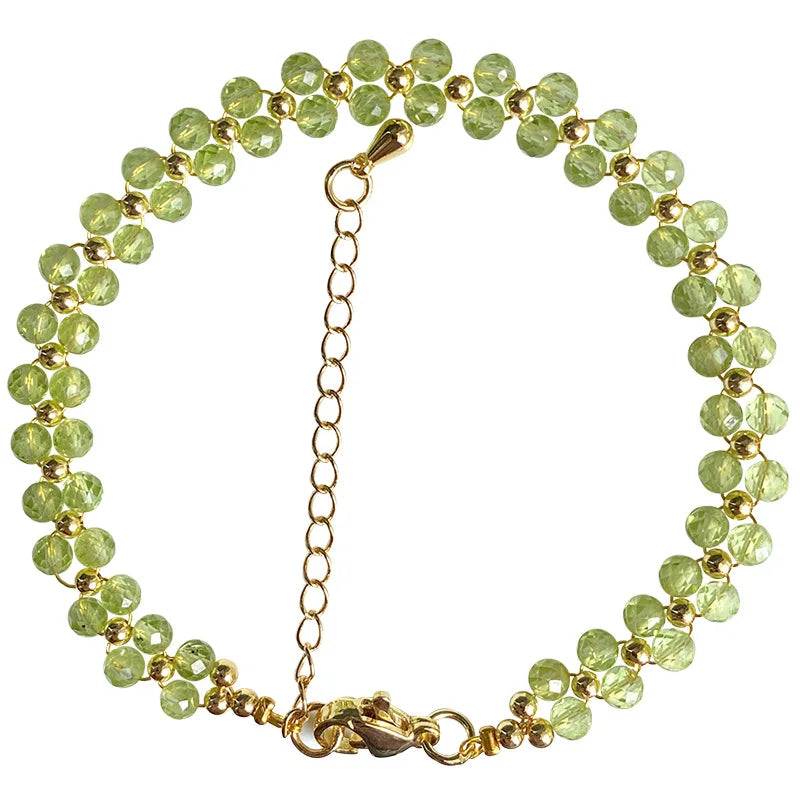 Green Peridot Crystal Bracelet Faceted Bead Adjustable Hand Row Jewelry