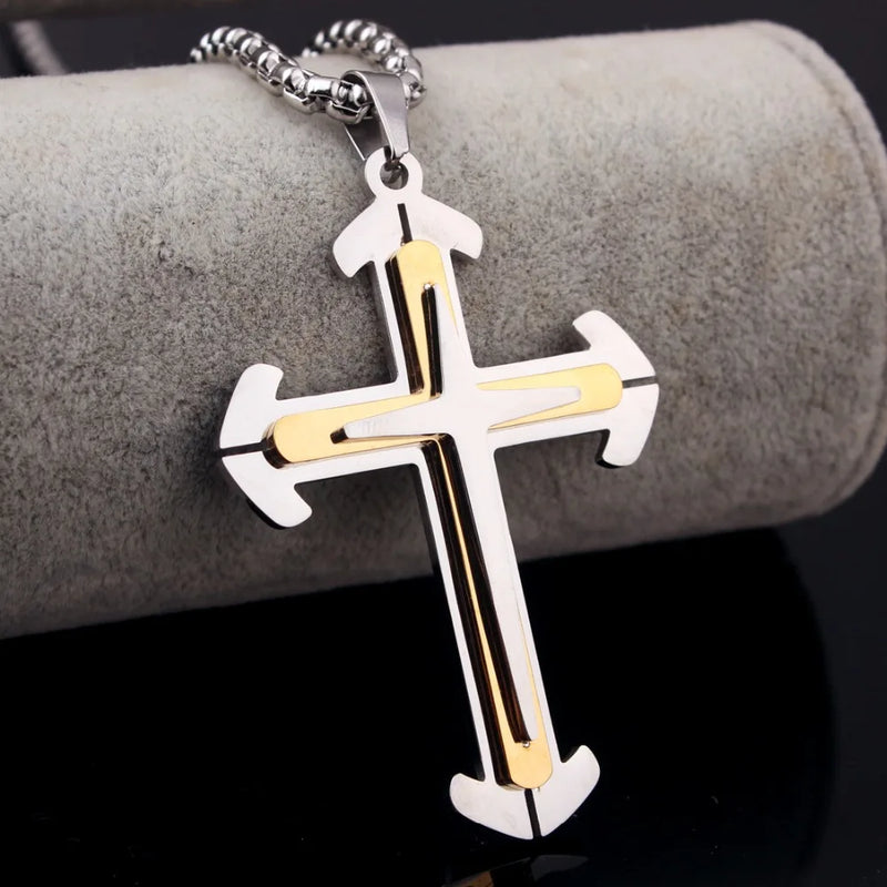 Hip-hop Stainless Steel Silver Cross Jesus Crucifix Pendant Necklace Mens Boys