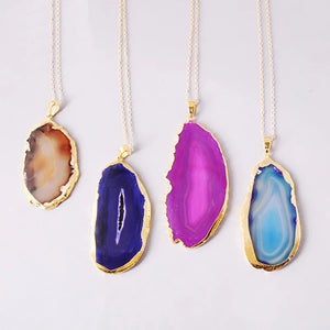 Colorful Quartz Crystal Agate Slice Pendant Necklace