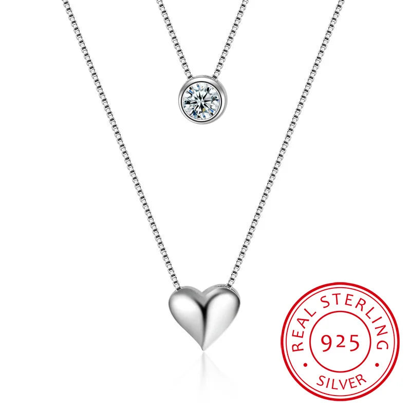 925 Silver Double Layer CZ Love-heart Pendant Necklace for Women
