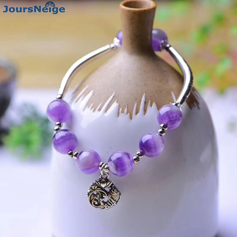 Purple Natural Crystal Bead Bracelet with Tibetan Silver Fish