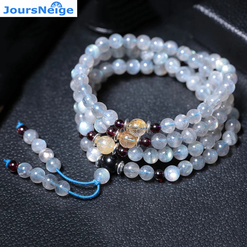 Gray Moonlight Stone Bracelet 108 Buddha Beads Necklace Crystal Jewelry
