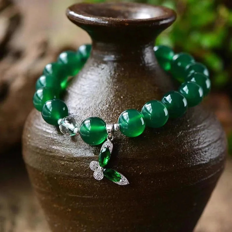Green Crystal Bracelet with Butterfly Pendant, 10mm Beads
