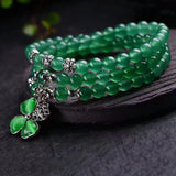 Green Crystal Bracelets Lucky Tibetan Silver Four Leaf Glass Pendant for Women