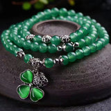 Green Crystal Bracelets Lucky Tibetan Silver Four Leaf Glass Pendant for Women