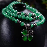 Green Crystal Bracelets Lucky Tibetan Silver Four Leaf Glass Pendant for Women