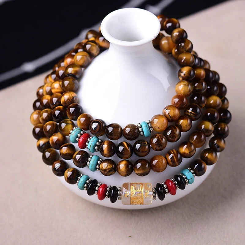 Yellow Tiger Eye Stone Bracelet 108 Buddha Bead Wristband for Men Women