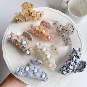 Marbling Acetate Hair Claw Clips with Rhinestone Flower for Women Girls