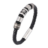 Leather Braided Men Bracelet with Skull Stainless Steel Magnetic Clasp
