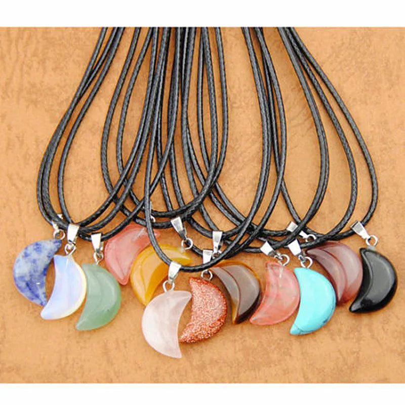 12 pcs Mixed Natural Stone Moon Pendant Necklaces Lucky MN427